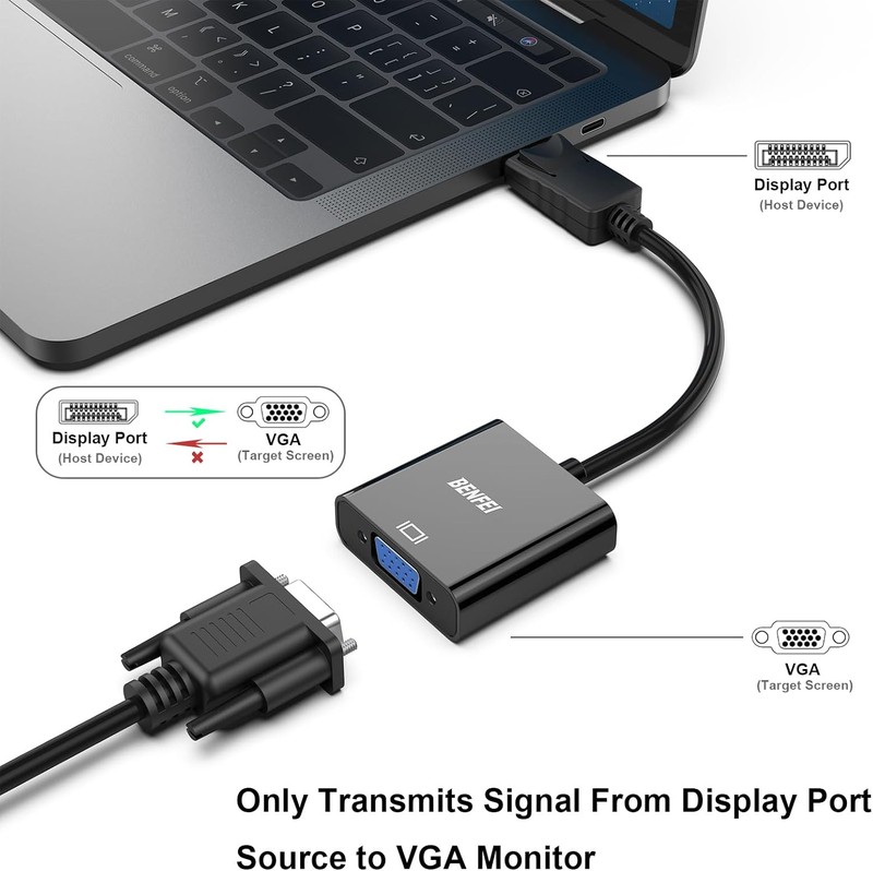 Adaptor Benfei unidirectional DisplayPort la VGA 1080P la 60Hz, cablu 0.25m, cip IC, Negru