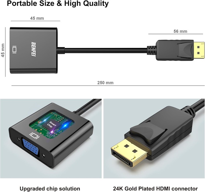 Adaptor Benfei unidirectional DisplayPort la VGA 1080P la 60Hz, cablu 0.25m, cip IC, Negru