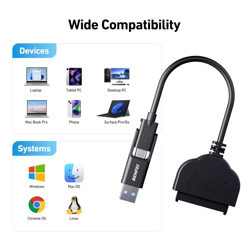 Cablu de date Benfei, USB-C + USB-A - SATA III, 6Gbps, cablu 0.27m, pentru HDD si SSD, negru
