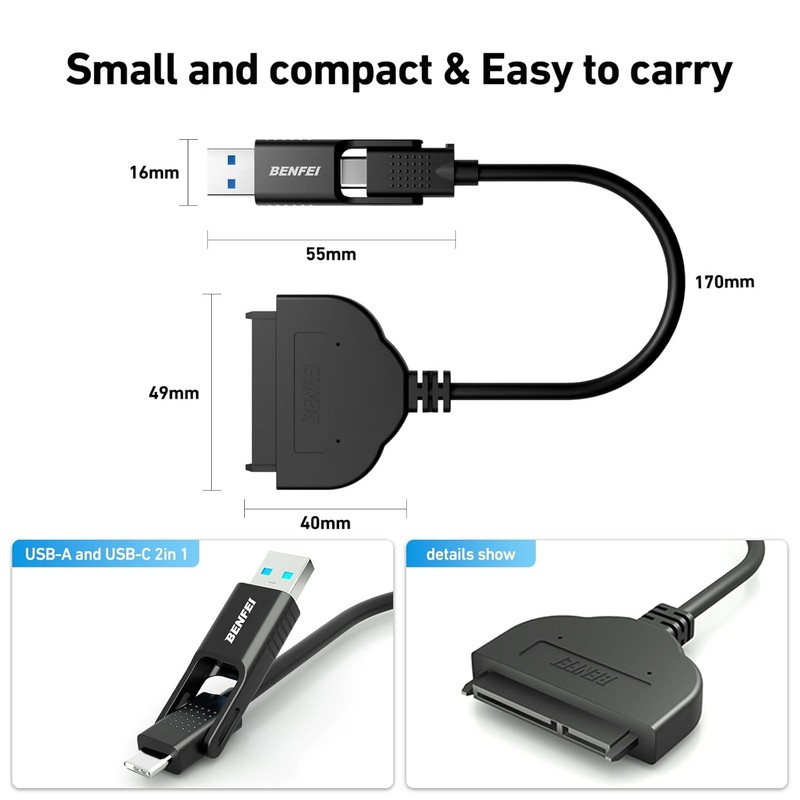 Cablu de date Benfei, USB-C + USB-A - SATA III, 6Gbps, cablu 0.27m, pentru HDD si SSD, negru