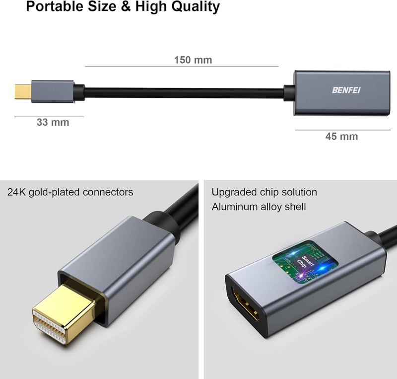 Adaptor unidirectional Benfei mini DisplayPort la HDMI, Full HD 1920x1080 @ 60Hz, cablu 0.15m, Gri