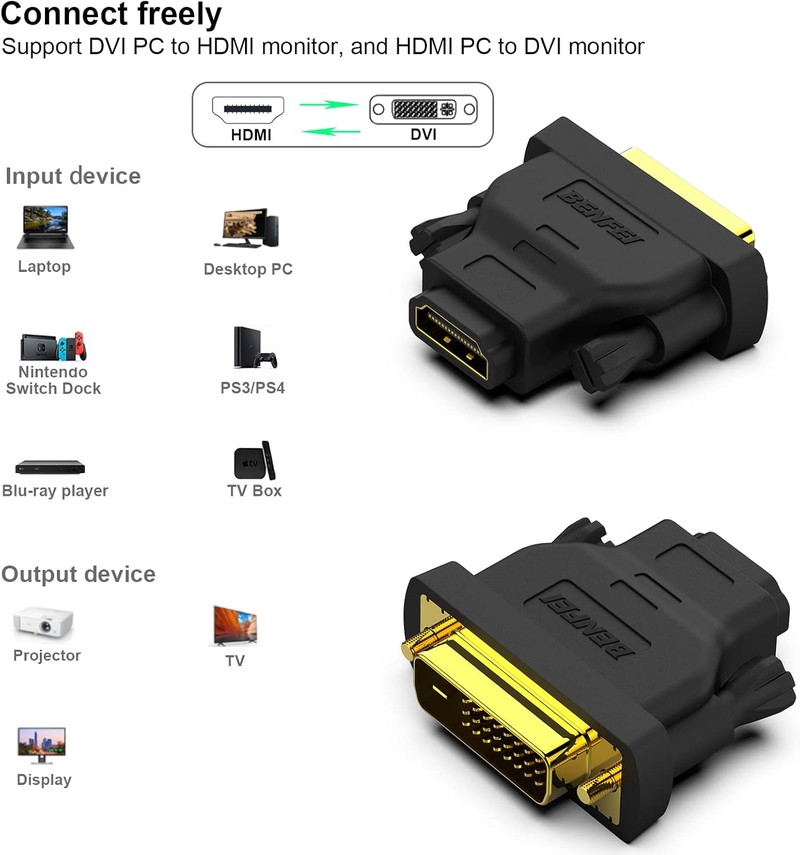 Set 2 adaptoare bidirectionale Benfei, DVI la HDMI, Full HD 1080p 1920x1080 @ 60Hz Negre