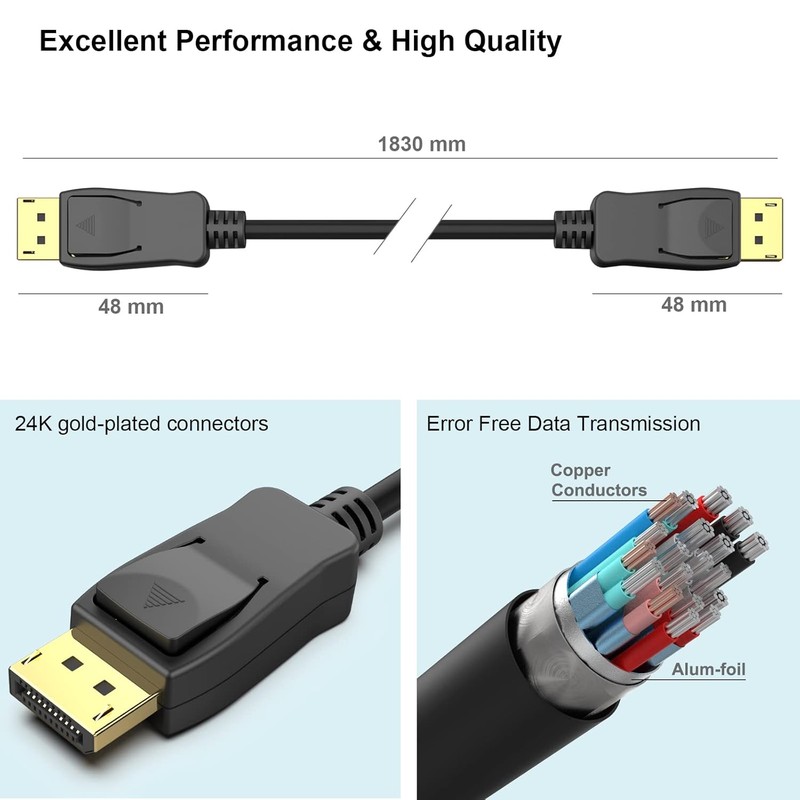 Cablu Benfei 8K DisplayPort 1.4 to DisplayPort 1.4 8K 60Hz 4K 144Hz, lungime 1.8m, standard VESA Negru