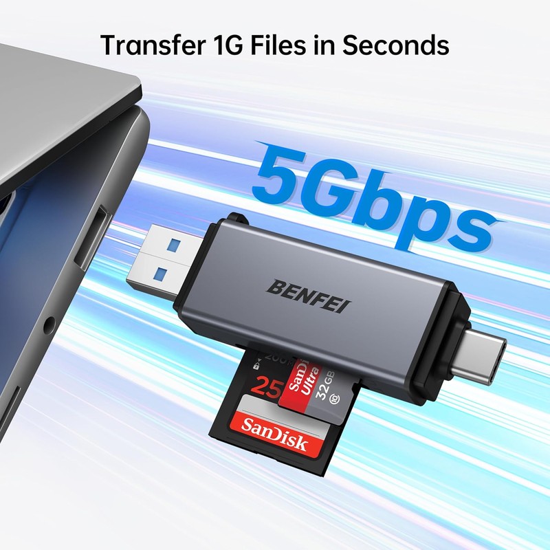 Cititor de carduri SD si MicroSD, Benfei 2 in 1, conectare USB-C USB-A, interfata USB 3.0, negru