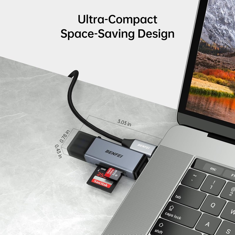 Cititor de carduri SD si MicroSD, Benfei 2 in 1, conectare USB-C USB-A, interfata USB 3.0, negru