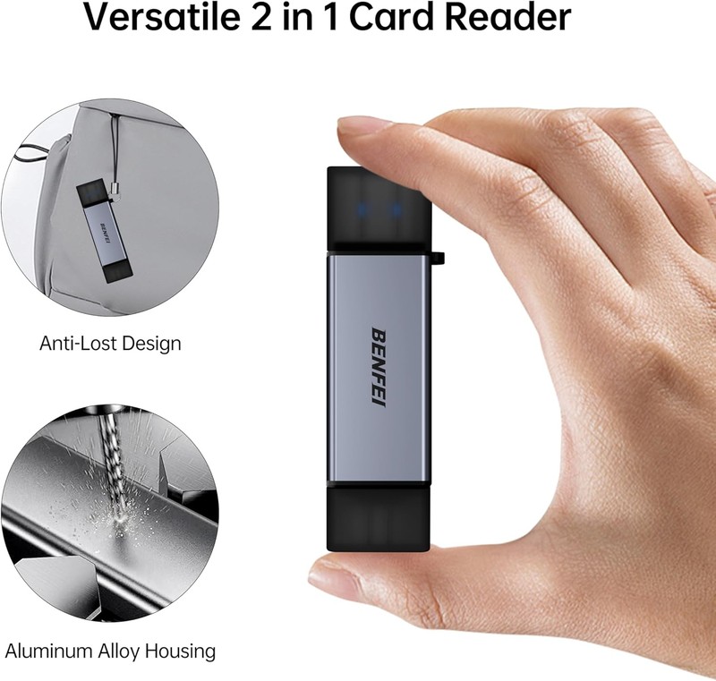Cititor de carduri SD si MicroSD, Benfei 2 in 1, conectare USB-C USB-A, interfata USB 3.0, negru