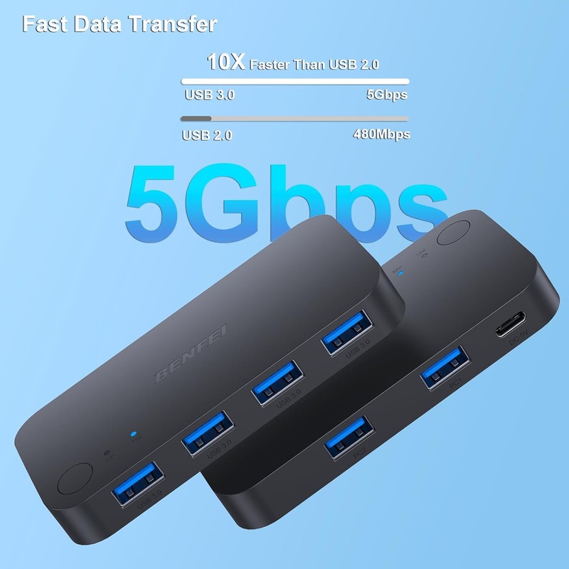 Hub USB Benfei switch 3.0, 4 porturi, cu comutator, Negru