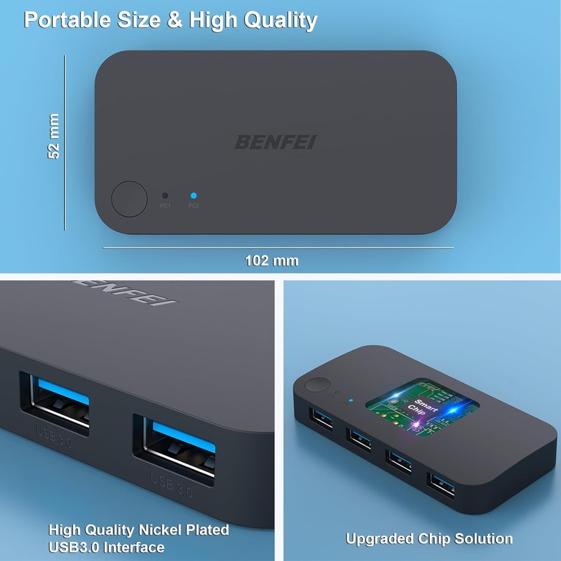 Hub USB Benfei switch 3.0, 4 porturi, cu comutator, Negru