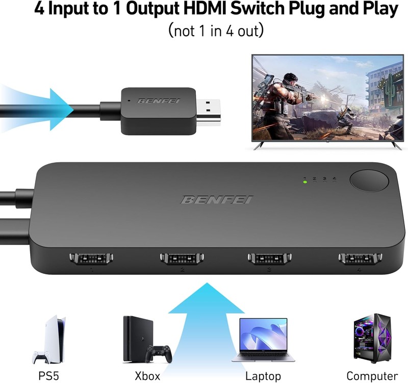 Switch HDMI 4K 60Hz 2K 144Hz, cu 4 porturi de intrare si o iesire, port USB-C pentru alimentare suplimentara, HDCP 2.3, cablu 1.2m, suporta conexiuni cu cabluri de pana la 10m, negru