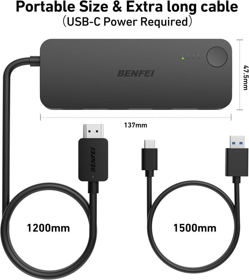 Switch HDMI 4K 60Hz 2K 144Hz, cu 4 porturi de intrare si o iesire, port USB-C pentru alimentare suplimentara, HDCP 2.3, cablu 1.2m, suporta conexiuni cu cabluri de pana la 10m, negru