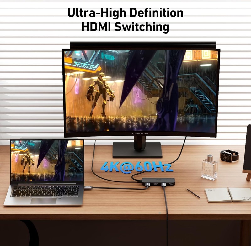 Switch HDMI 4K 60Hz 2K 144Hz, cu 4 porturi de intrare si o iesire, port USB-C pentru alimentare suplimentara, HDCP 2.3, cablu 1.2m, suporta conexiuni cu cabluri de pana la 10m, negru
