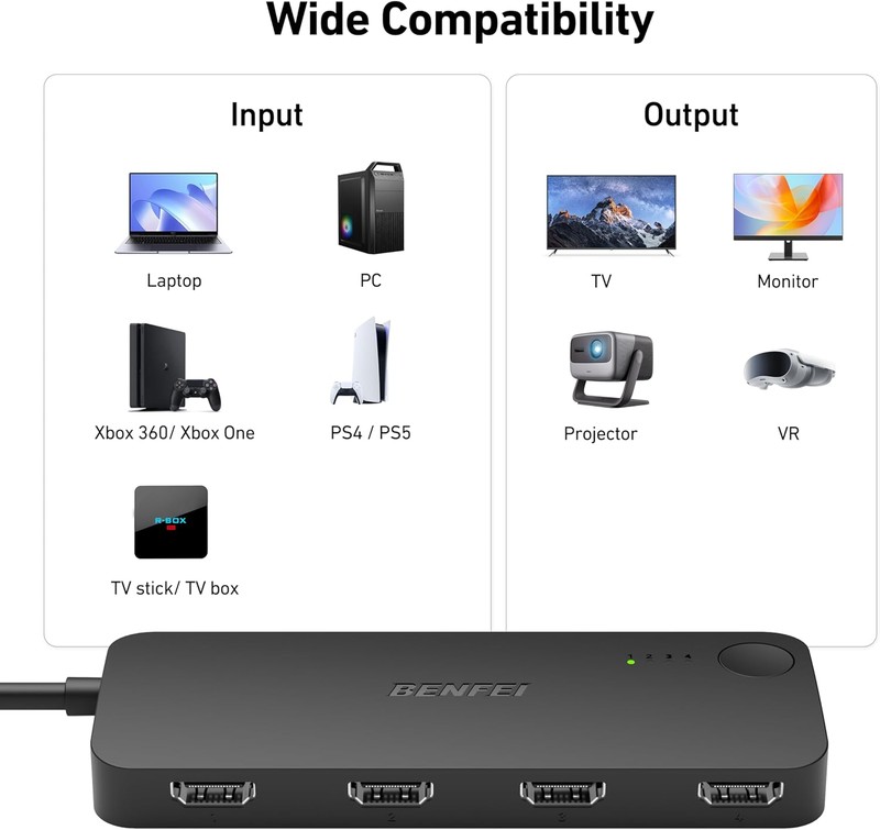 Switch HDMI 4K 60Hz 2K 144Hz, cu 4 porturi de intrare si o iesire, port USB-C pentru alimentare suplimentara, HDCP 2.3, cablu 1.2m, suporta conexiuni cu cabluri de pana la 10m, negru