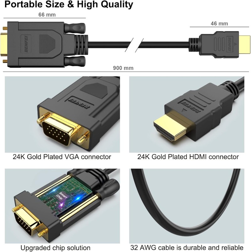 Cablu Benfei HDMI la VGA lungime 0.9 m unidirectional, Full HD 1080P, 32 AWG, Negru