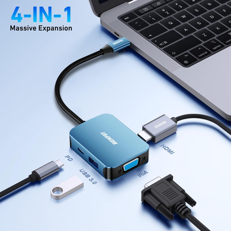 Hub USB Benfei 4 in 1 USB-C la 4K HDMI USB-C 1x A, cablu 0.15m, Albastru