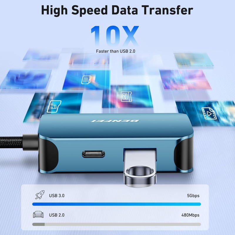 Hub USB Benfei 4 in 1 USB-C la 4K HDMI USB-C 1x A, cablu 0.15m, Albastru