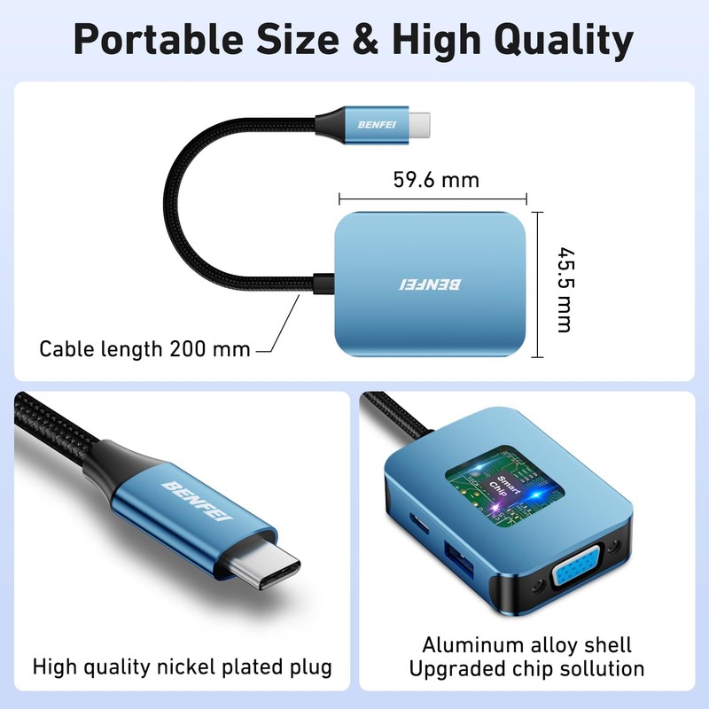 Hub USB Benfei 4 in 1 USB-C la 4K HDMI USB-C 1x A, cablu 0.15m, Albastru