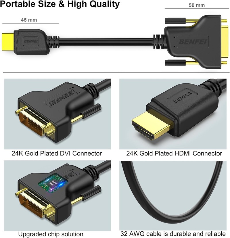 Cablu Benfei HDMI la DVI, lungime 0.9 m bidirectional, Full HD 1080P, 32 AWG, Negru