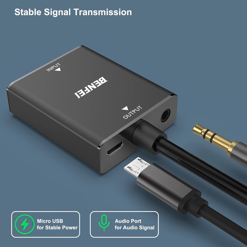 Adaptor unidirectional Benfei, HDMI la VGA, port iesire audio jack 3.5 mm integrat, Full HD 1080p 1920x1080 @ 60Hz, cablu 0.33m, port microUSB pentru alimentare suplimentara, Smart IC Chip, Negru