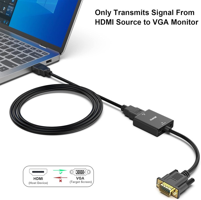 Adaptor unidirectional Benfei, HDMI la VGA, port iesire audio jack 3.5 mm integrat, Full HD 1080p 1920x1080 @ 60Hz, cablu 0.33m, port microUSB pentru alimentare suplimentara, Smart IC Chip, Negru