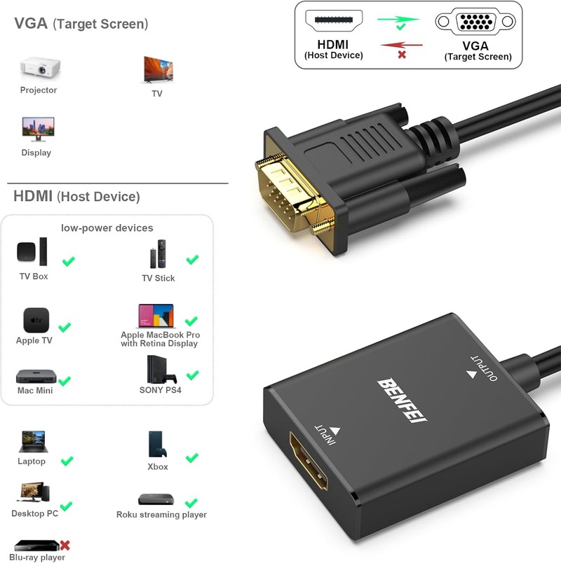 Adaptor unidirectional Benfei, HDMI la VGA, port iesire audio jack 3.5 mm integrat, Full HD 1080p 1920x1080 @ 60Hz, cablu 0.33m, port microUSB pentru alimentare suplimentara, Smart IC Chip, Negru
