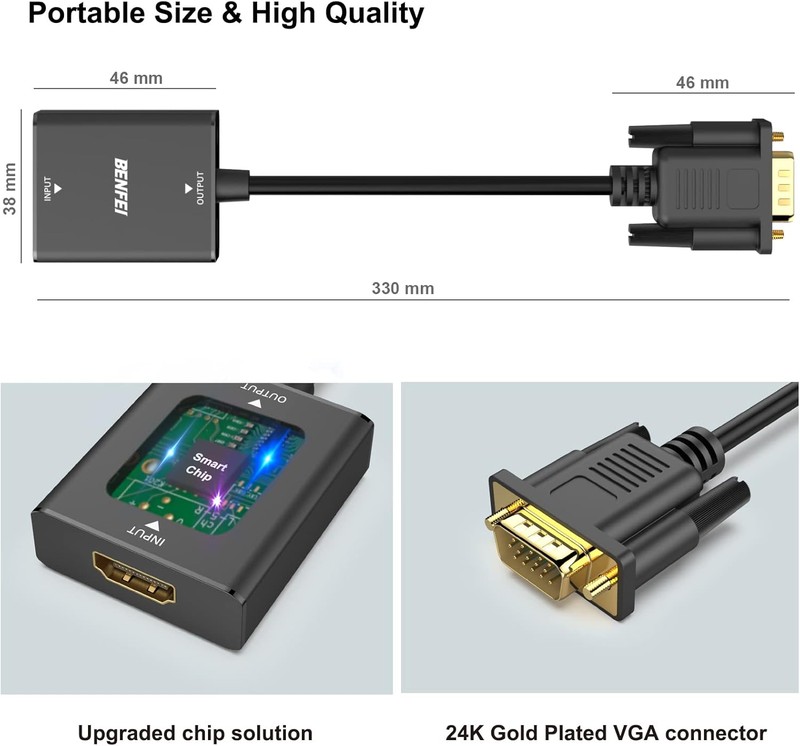 Adaptor unidirectional Benfei, HDMI la VGA, port iesire audio jack 3.5 mm integrat, Full HD 1080p 1920x1080 @ 60Hz, cablu 0.33m, port microUSB pentru alimentare suplimentara, Smart IC Chip, Negru