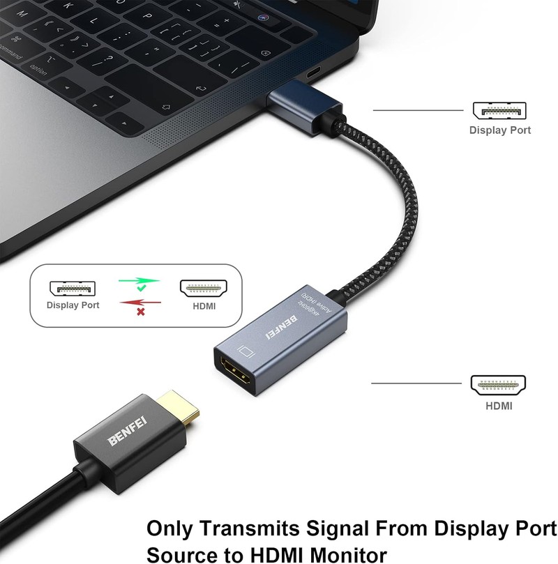 Adaptor unidirectional Benfei activ DisplayPort tata la HDMI mama, 4K 60Hz, cablu 0.26m, suport HDR si audio necomprimat 7.1, Gri