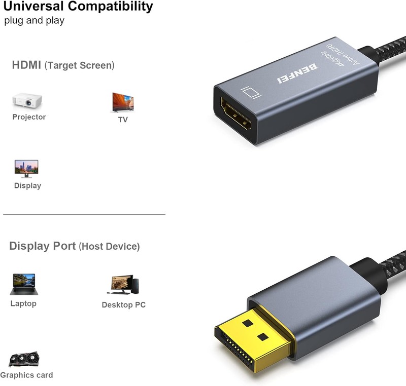 Adaptor unidirectional Benfei activ DisplayPort tata la HDMI mama, 4K 60Hz, cablu 0.26m, suport HDR si audio necomprimat 7.1, Gri