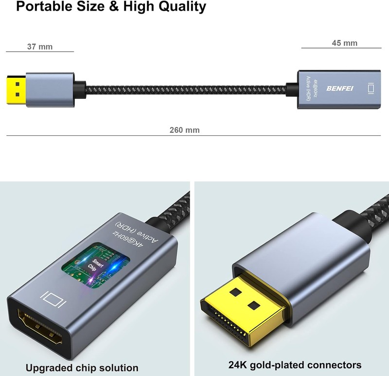 Adaptor unidirectional Benfei activ DisplayPort tata la HDMI mama, 4K 60Hz, cablu 0.26m, suport HDR si audio necomprimat 7.1, Gri