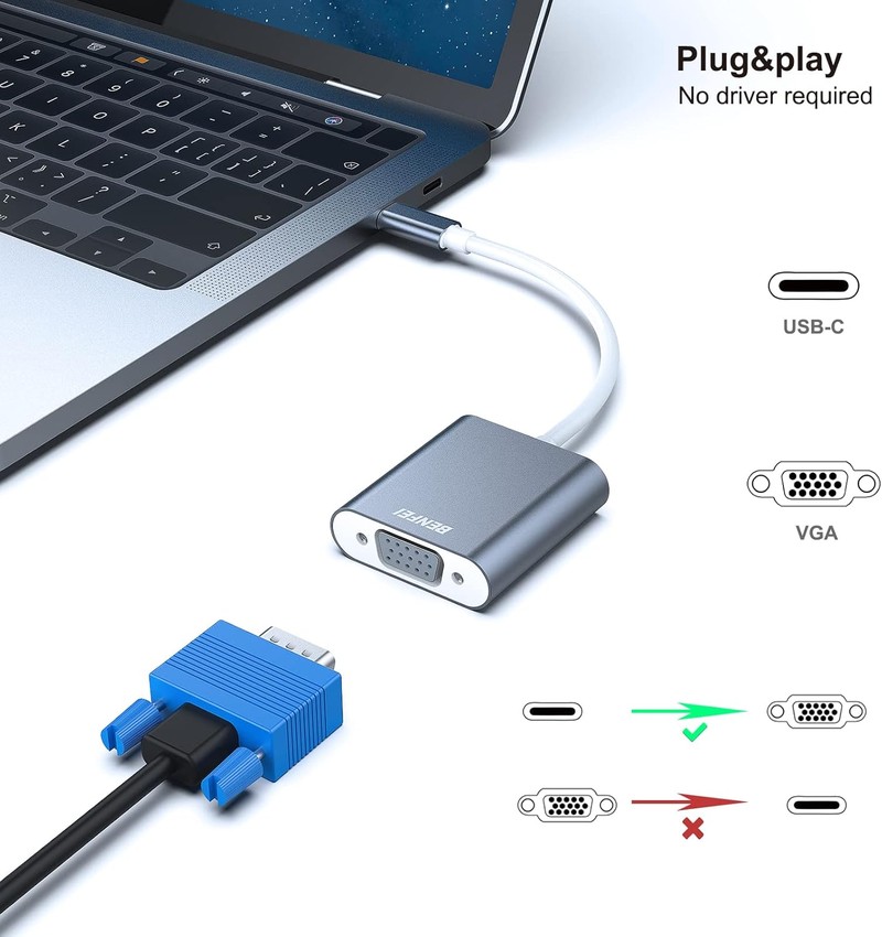 Adaptor Benfei USB C la VGA, Full HD 1080p 1920x1080 @ 60Hz, cablu 0.17m, chip IC, conectori in carcasa de aluminiu, Gri