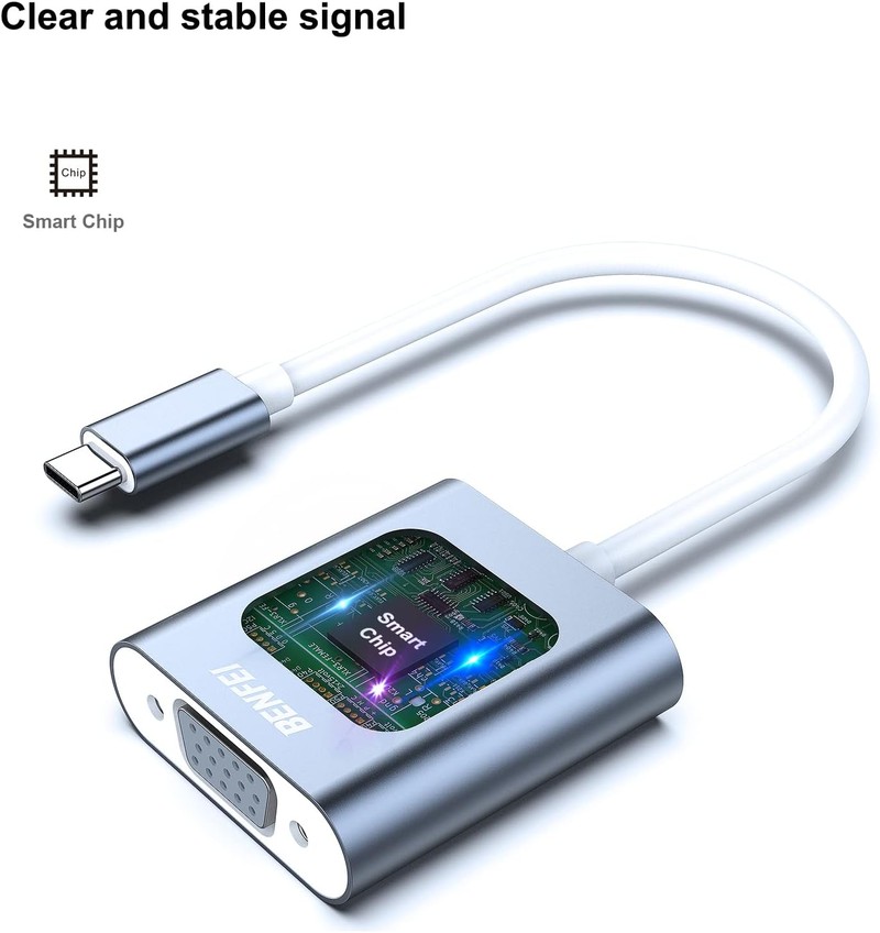 Adaptor Benfei USB C la VGA, Full HD 1080p 1920x1080 @ 60Hz, cablu 0.17m, chip IC, conectori in carcasa de aluminiu, Gri
