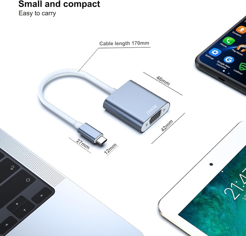 Adaptor Benfei USB C la VGA, Full HD 1080p 1920x1080 @ 60Hz, cablu 0.17m, chip IC, conectori in carcasa de aluminiu, Gri