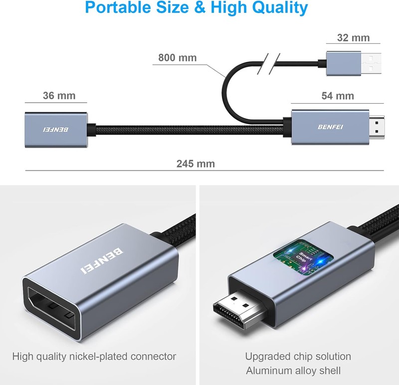 Adaptor unidirectional Benfei, HDMI 2.0b la DisplayPort 1.4a, 4K 60Hz 2K 144Hz 1080P 165Hz, cablu 0.25m, HDCP 1.4 si HDCP 2.3, HDR10, cu conector USB pentru alimentare suplimentara, Gri