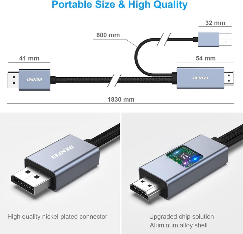Cablu Benfei unidirectional HDMI la DisplayPort, 4K 4096 x 2160 la 60Hz, 2K 144Hz 1080P 165Hz, lungime 1.8m, cu prelungire USB pentru alimentare suplimentara, invelis exterior textil impletit, carcasa conectori din aluminiu, Gri