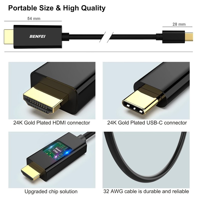Cablu Benfei USB-C la HDMI cu lungime 0.9m, suporta rezolutie pana la 4K 3840 x 2160 la 30Hz, 32AWG, Negru