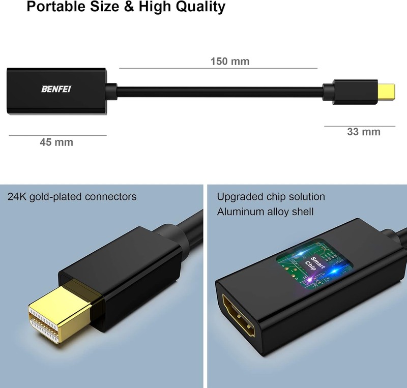 Adaptor unidirectional Benfei mini DisplayPort to HDMI, Full HD 1920x1080 @ 60Hz, cablu 0.15m, Negru