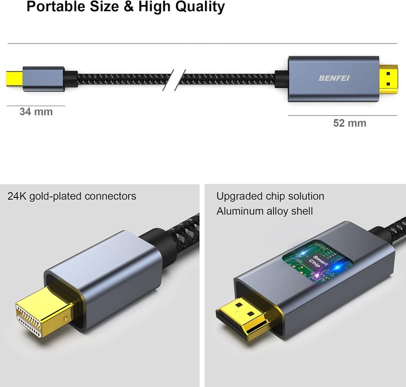 Cablu Benfei mini DisplayPort to HDMI 4K 30Hz, lungime 0.9m, invelis exterior din nylon impletit, carcasa conectori din aluminiu, Gri