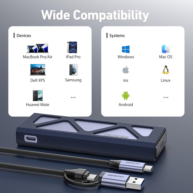 Carcasa Benfei pentru SSD M 2 NVMe, suport pana la 8TB, conectare USB-C si USB-A, cablu 0.12m, interfata USB 3.2, viteza transfer pana la 10 Gbps, gri