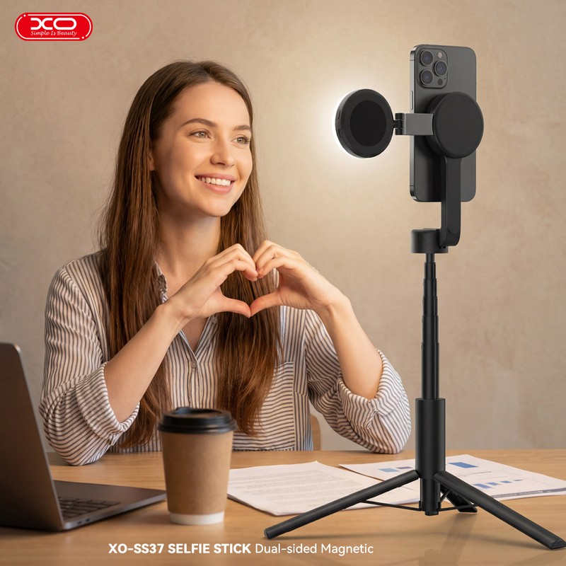 Selfie stick XO Bluetooth v.5.4 tripod SS37 magnetic, compatibil MagSafe, tija 22.8 -124 cm, Negru