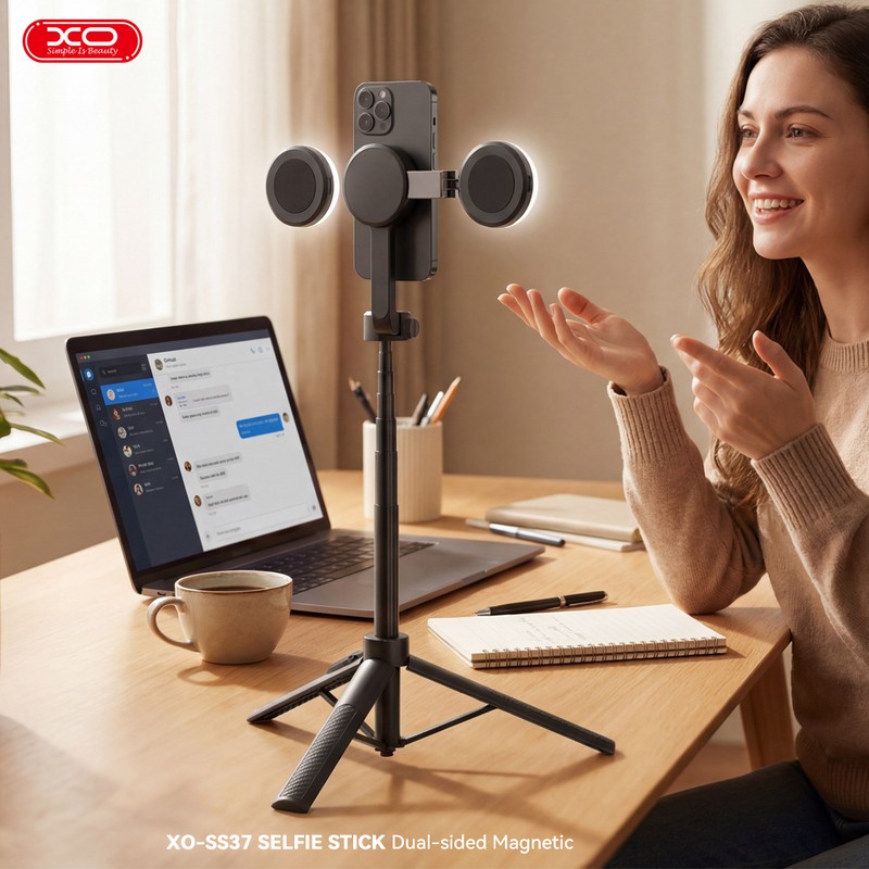Selfie stick XO Bluetooth v.5.4 tripod SS37 magnetic, compatibil MagSafe, tija 22.8 -124 cm, Negru