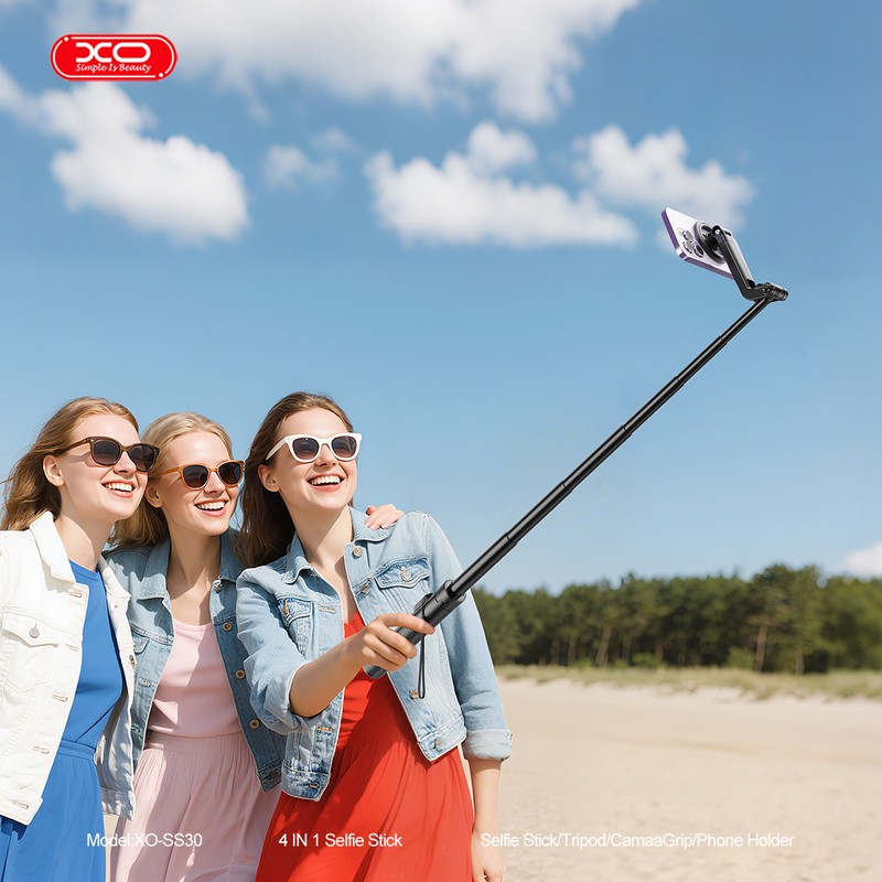 Selfie stick XO Bluetooth tripod SS30 magnetic, compatibil MagSafe, tija 22.7 - 123 cm, pentru ecrane de la 4.7 la 7 inch, rotire 360 °, Negru
