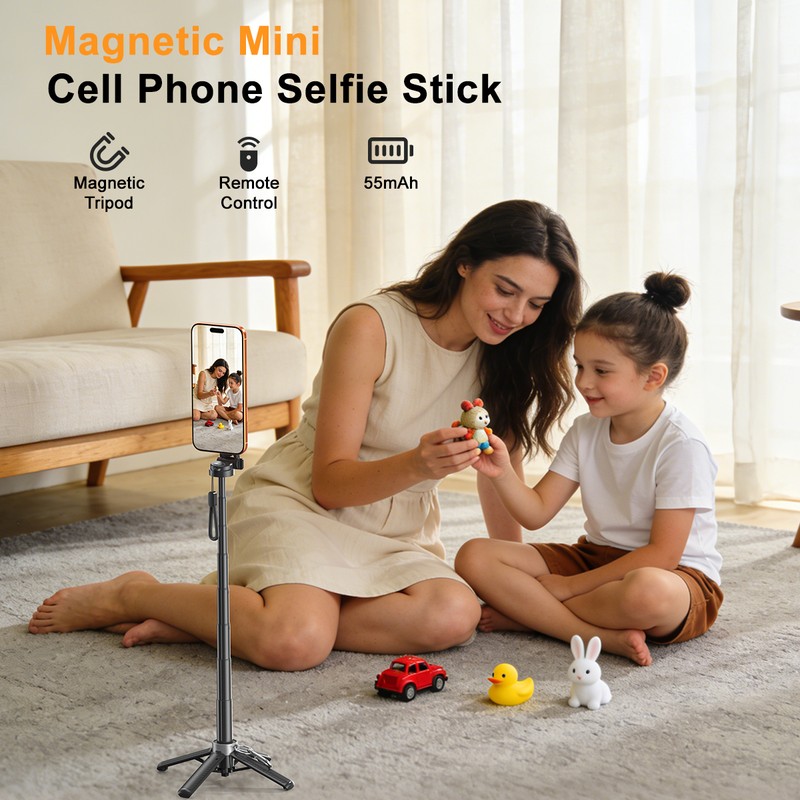 Selfie stick XO Bluetooth tripod SS25 magnetic, compatibil MagSafe, tija 64 cm, grip mode, telecomanda, Negru