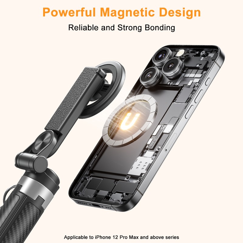 Selfie stick XO Bluetooth tripod SS25 magnetic, compatibil MagSafe, tija 64 cm, grip mode, telecomanda, Negru