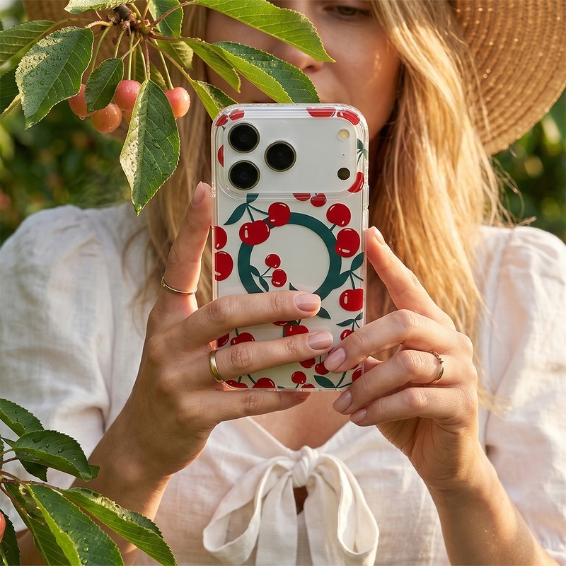Husa Cherry Mag pentru Samsung Galaxy S26, Carcasa magnetica, decupaj mare pentru camera foto, TPU (poliuretan termoplastic), PC, Transparent