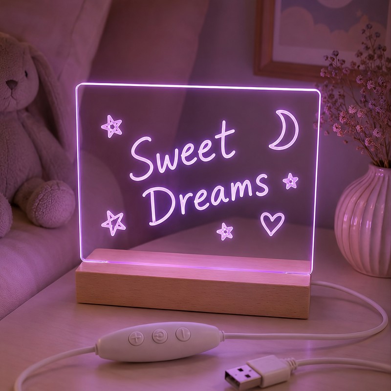 Lampa de veghe LED RGB, Forever Light FNL-18, cu panou acrilic 15 x 15cm pentru mesaje, baza din lemn, marker alb inclus, 7 culori solide si 3 moduri de schimbare a culorii, cablu 150cm cu controller si USB