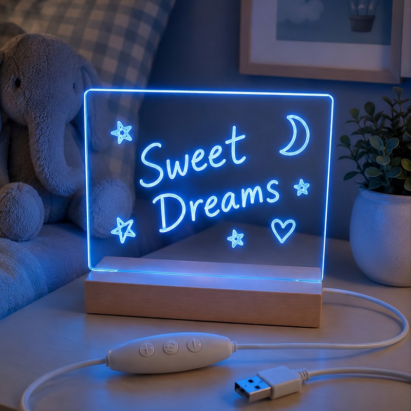 Lampa de veghe LED RGB, Forever Light FNL-18, cu panou acrilic 15 x 15cm pentru mesaje, baza din lemn, marker alb inclus, 7 culori solide si 3 moduri de schimbare a culorii, cablu 150cm cu controller si USB