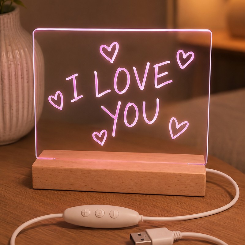 Lampa de veghe LED RGB, Forever Light FNL-18, cu panou acrilic 15 x 15cm pentru mesaje, baza din lemn, marker alb inclus, 7 culori solide si 3 moduri de schimbare a culorii, cablu 150cm cu controller si USB