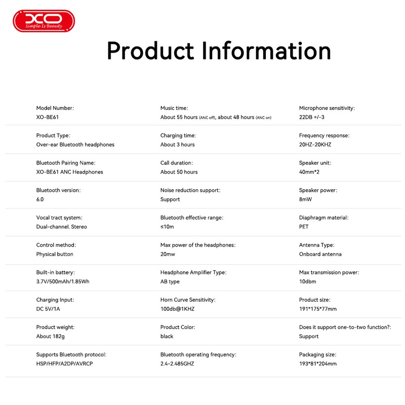 Casti over-ear bluetooth v.6.0, XO BE39, cu microfon, 500mAh, USB-C, functia ANC, dimensiuni 191 x 175 x 77mm, negre