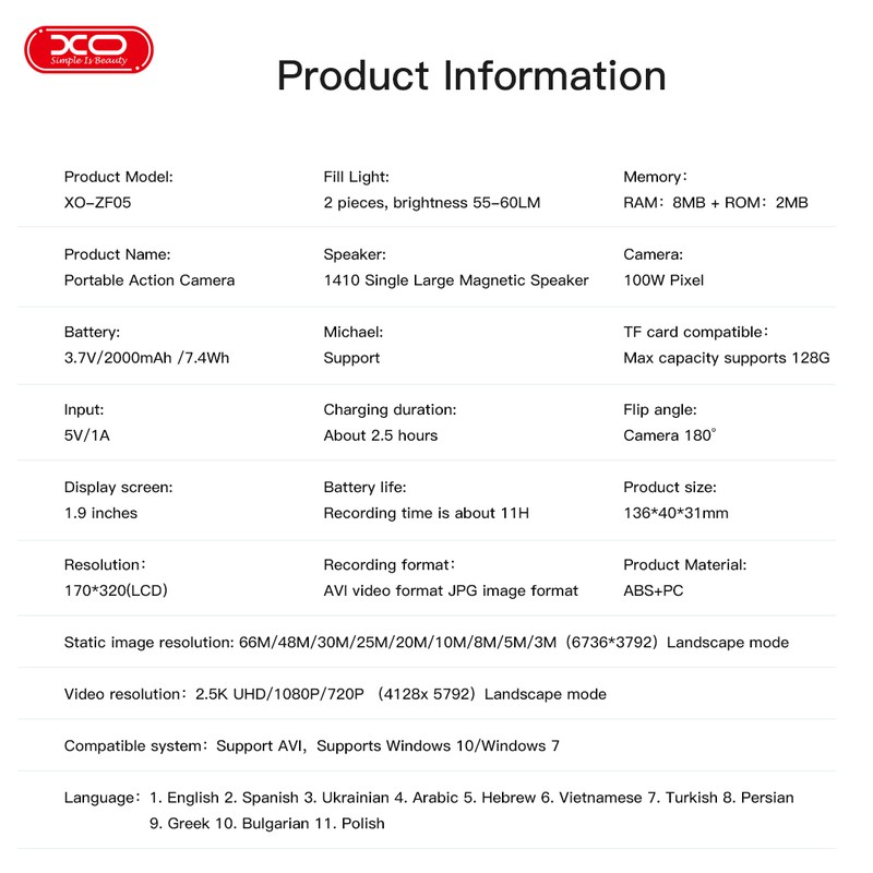 Camera de actiune XO sport ZF05 2,5K, 2000 mAh, Negru