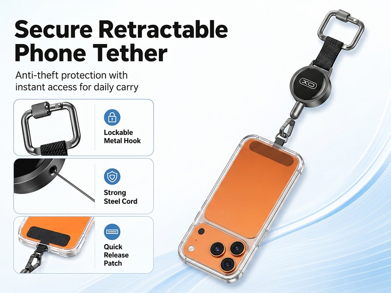 Snur antifurt pentru telefon XO SF16, negru, 60 cm, cu insertie inclusa pentru montare sub carcasa