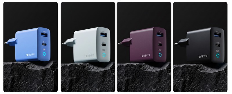 Incarcator Forever TC45AC, GaN PD QC 45 W, 1x USB-C + 1x USB, gri inchis